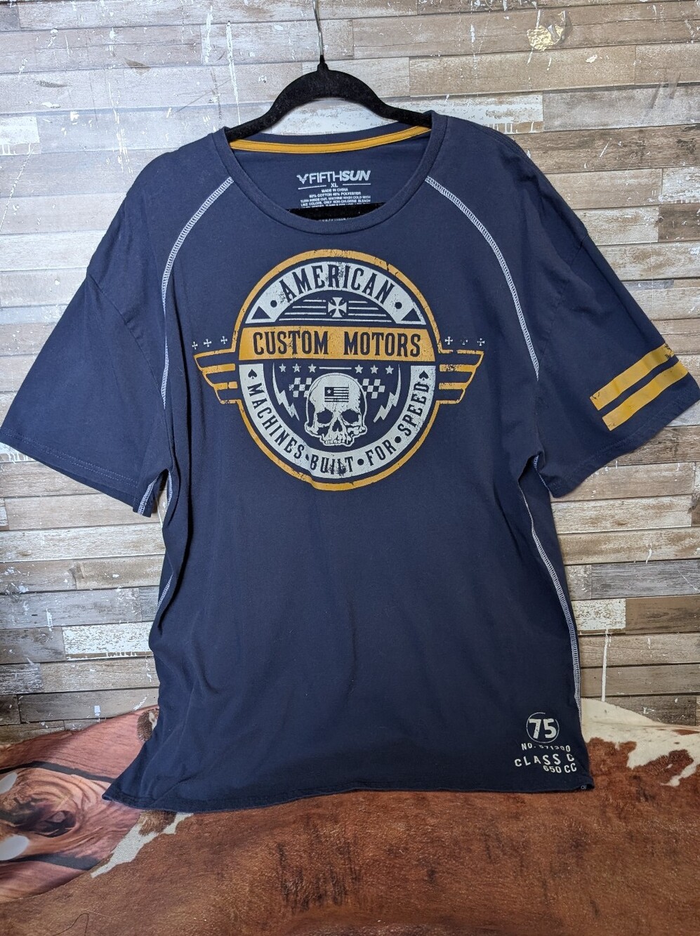 Fifth Sun Custom Motors Navy Tee W Yellow White Graphic White Stitching